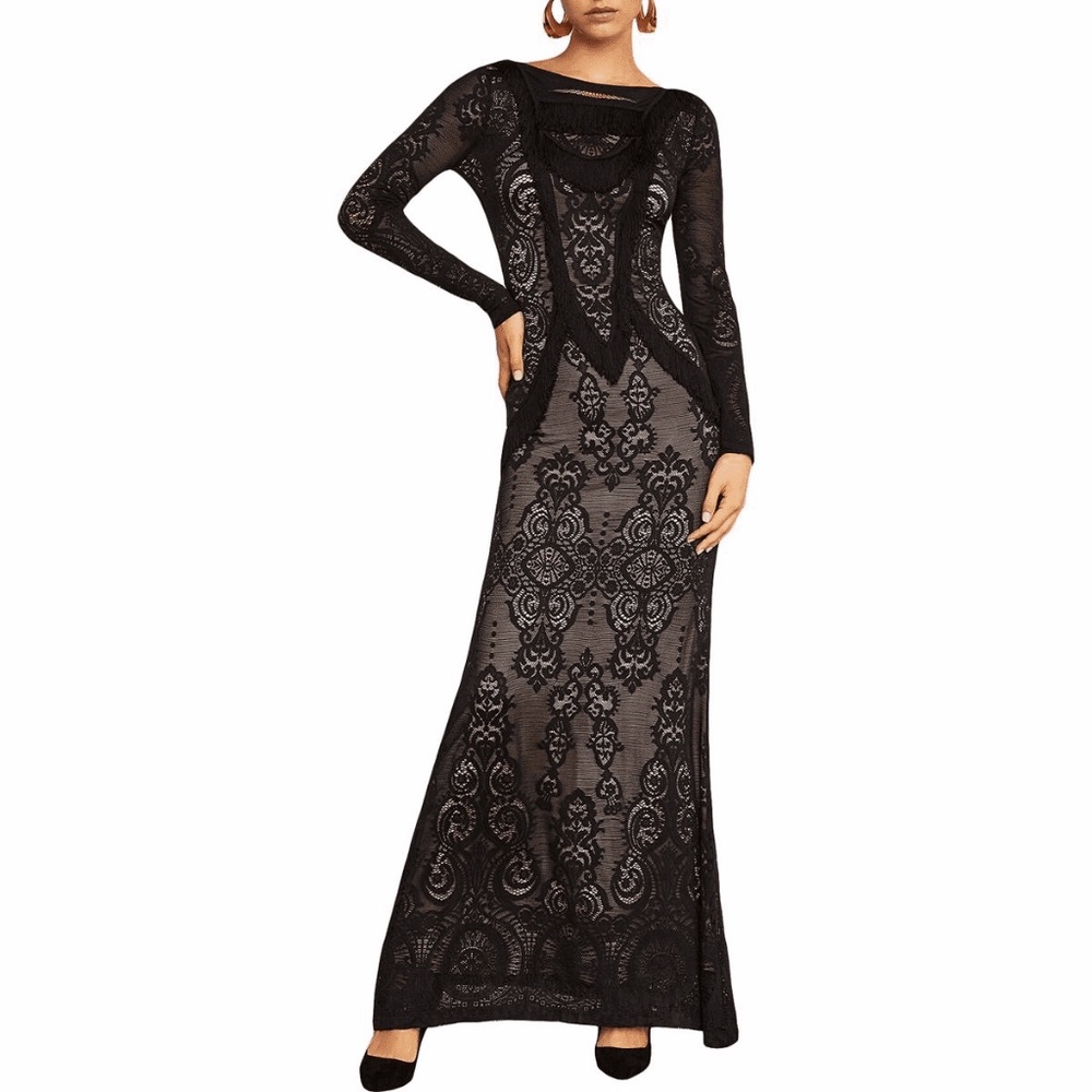BCBGMAXAZRIA Women's Fringe-Trimmed Lace Gown